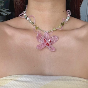 Pink Orchid Beaded Necklace – Handmade Floral Jewelry with Gemstones | Fairycore Botanical Choker