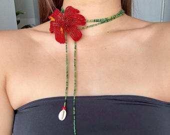 Red Beaded Hibiscus Flower Necklace: Handmade Tropical Lariat Choker