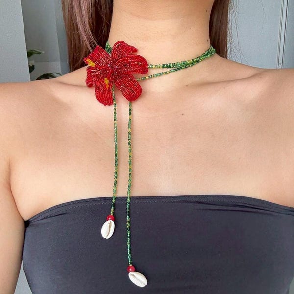 Red Beaded Hibiscus Flower Necklace: Handmade Tropical Lariat Choker