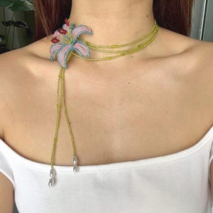 Handmade Blue and Pink Lily Beaded Necklace | Adjustable Floral Choker | Seed Bead Flower Jewelry | Nature-Inspired Gift for Her
