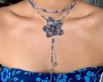 Handmade Beaded Flower Lariat: Blue Seed Bead Boho Necklace