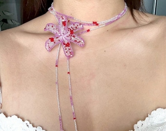 Beaded Lily Choker Necklace: Handmade Floral Lariat, Boho Beadwork
