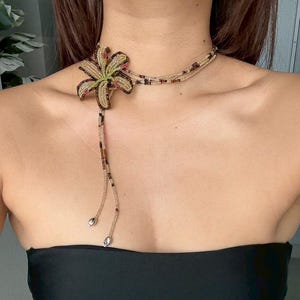 Handmade Brown Lily Beaded Necklace | Seed Bead Lariat Choker | Autumn Floral Jewelry | Nature-Inspired Statement Piece