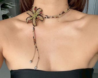 Handmade Brown Lily Beaded Necklace: Seed Bead Lariat Choker