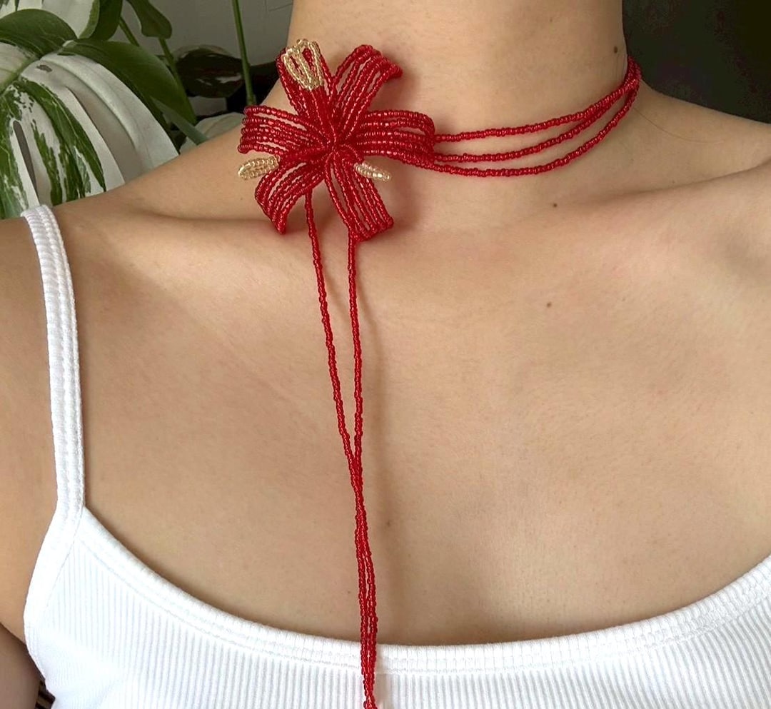 Handmade Red Lily Beaded Necklace • Floral Lariat Choker • Elegant