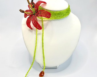 Red Lily Beaded Lariat Necklace | Handmade Boho Flower Choker
