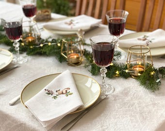 Embroidered Squirrel Linen Napkins, Festive Table Decor