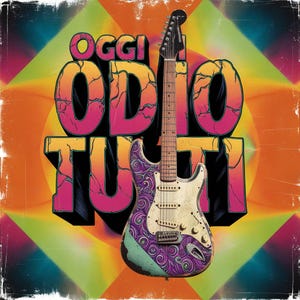 Puede incluir: Un póster de estilo vintage con un fondo psicodélico colorido. El texto "OGGI ODIO TUTTI" está escrito en una fuente negrita y distorsionada. Una guitarra eléctrica blanca con un diseño de espiral morado y verde se encuentra en el centro del póster.