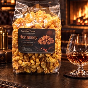 May include: A clear plastic bag filled with golden-brown popcorn, featuring a black label that reads Serenitee Treats Alcohol Infused Popcorn Hennessy, Made in Indiana, Alcohol Infused, and a list of ingredients including corn syrup, butter, and cognac.