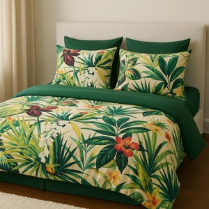 Organic Cotton Sateen Bed Sheet Set: Tropical Bird Print