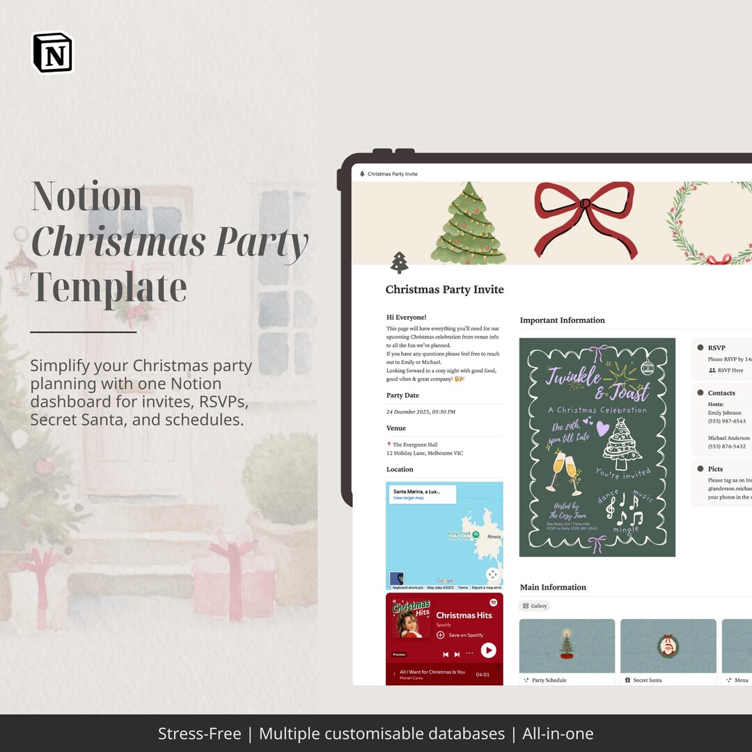 Christmas Party Planner Notion Template | Holiday Invite + Guest List ...