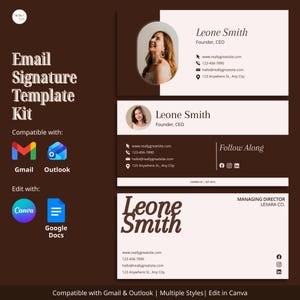 Op de afbeelding: Een e-mailsjabloonkit met meerdere stijlen, compatibel met Gmail en Outlook. Het ontwerp heeft een bruin en crèmekleurig kleurenschema met de naam "Leone Smith" en contactgegevens. Bewerken met Canva en Google Docs.