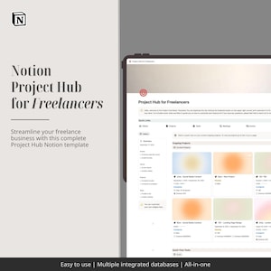 Puede incluir: Una captura de pantalla de la plantilla Notion Project Hub para Freelancers. La pantalla muestra una interfaz de gestión de proyectos con secciones para clientes, proyectos y tareas. El texto dice: "Streamline your freelance business with this complete Project Hub Notion template."