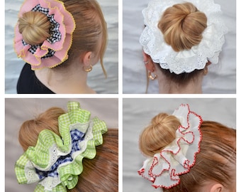 Elástico de cabelo grande com babados XL grande, elástico de cabelo xadrez, elástico de cabelo xadrez xadrez, elástico de cabelo com babados de renda francesa, bordado inglês