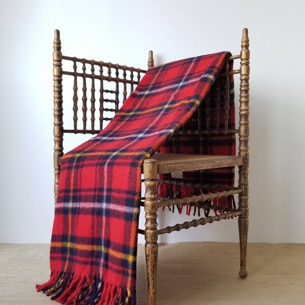 Vintage 1950s FARIBO RED TARTAN Plaid Throw, 100% wool with fringe, red, yellow, navy blue, pink with vinyl zippered carry case {50" x 60"}