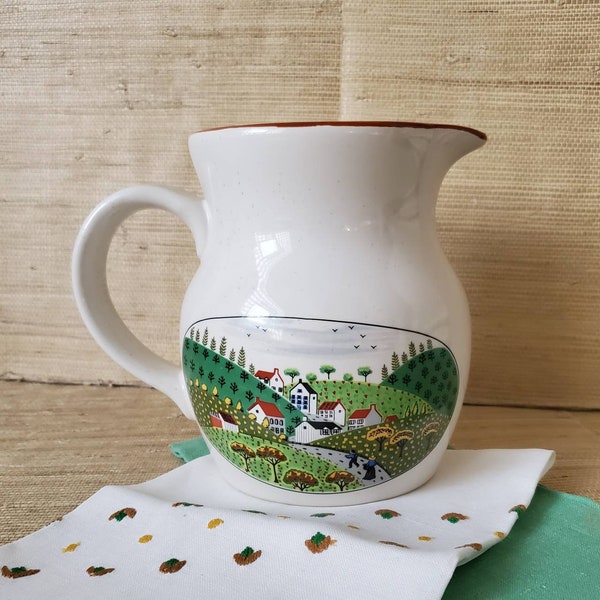 Vintage NEWCORE COUNTRY VILLAGE Stoneware Creamer Pitcher, small transferware jug, colorful farmland theme {7" x 5 3/4"}