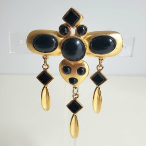 Large Clara Studio for Asymmetry 1994 BROOCH in Matte Brush Gold with Black Swarovski Crystals, signed designer jewelry (earrings have sold)