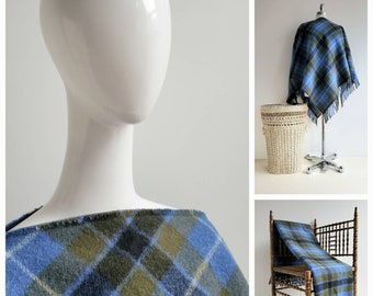 Vintage PLAID Wool Poncho Camp Blanket Throw, boat neck with zipper and fringe in olive blue cream black by Faribo {52" x 56"}