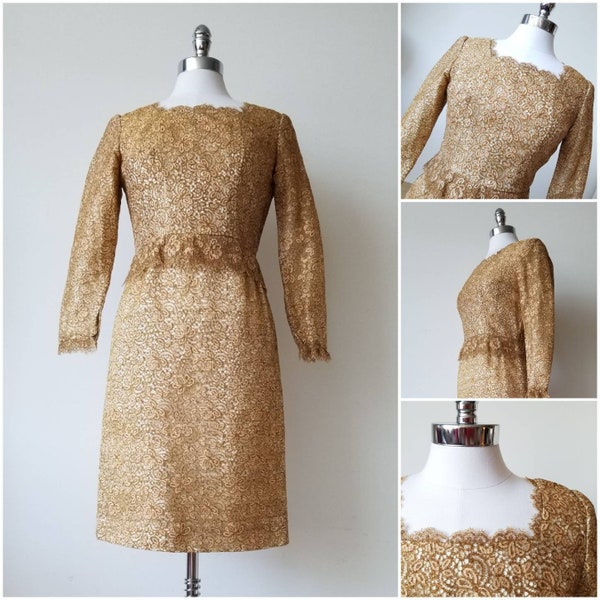 Vintage 1960s Dark GOLD LACE Peplum Cocktail Dress, custom made dress, 3/4 sleeves, wiggle dress {36" bust}