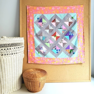 Vintage 1950s Pastel Baby Quilt, Hot Pink Aqua Floral, 28" Square