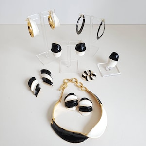 CHOOSE Vintage 1994 CLARA STUDIO for Assymetry Black & White Enamel Collection with signed Earrings, Hoops, Cocktail Rings
