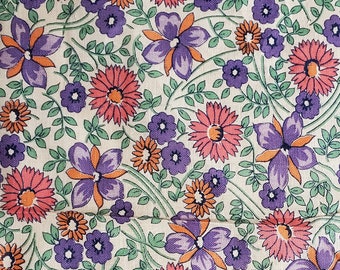 Vintage 1930s Floral Cotton Print Fabric REMNANTS in purple, lavender, dusty coral, green, orange flowers on ecru {Choose from 3 pieces}