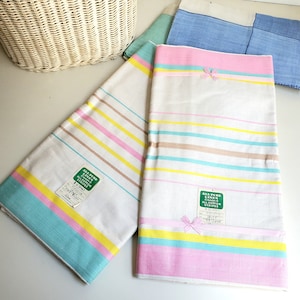 Vintage 1950s Pastel Czech Linen Tea Towels, Striped Guest towels in aqua or pink, toweling with tan & yellow on white {18&quot; x 36&quot;}
