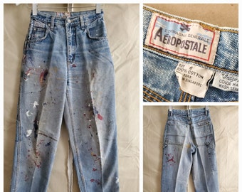 Authentic 1980s AEROPOSTALE Painters Pants Indigo High Rise Jeans, splattered with paint workwear, mens distressed {26" waist}