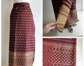 Vintage BALI SARONG Wrap SKIRT, ankle length burgundy and gold rayon blend jacquard, dressy boho exotic {30" waist}
