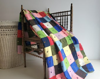 Midcentury 1950s Double Knit PATCHWORK QUILT in vintage olive salmon peach pink lime green blue white polyester {62" x 66"}