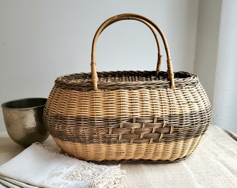 Vintage OVAL Bleached Bamboo BASKET Hand Woven with handles, grayish tan beige stripe, boho {17" wide x 11" deep}