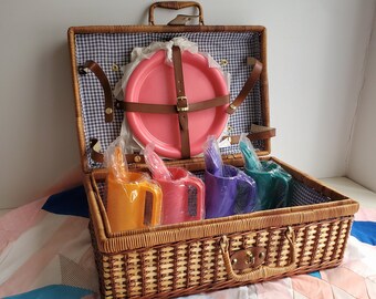 Vintage 1980s Rattan PICNIC BASKET SET with 4 Place Settings, suitcase style with blue gingham fabric lining  {18" x 12" x 7 1/2"}