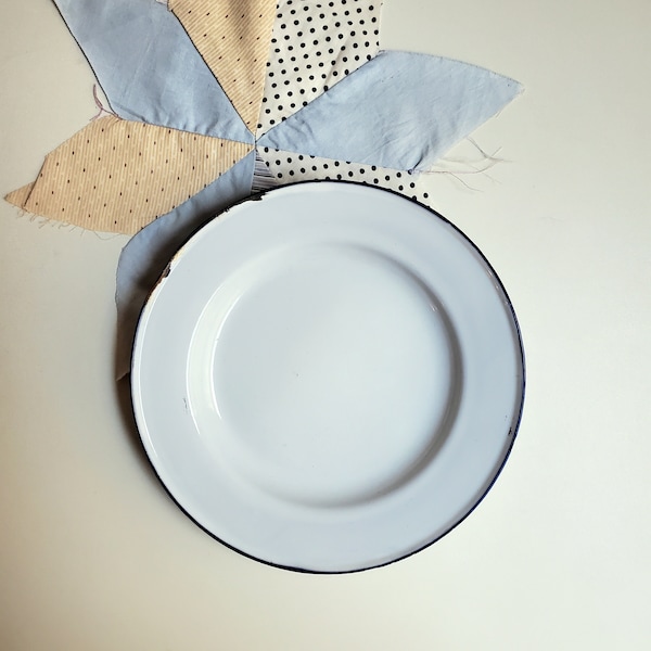 Vintage Swedish Enamel Lunch Plates, white enamel with cobalt blue and black, petite snack size (cups have sold - use drop menu to choose)