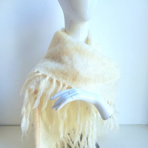 Vintage 1970s Vanilla Cream MOHAIR Shawl with tassel fringe, triangular stole by Glen Cree, Made in Scotland, winter bride {32" x 58"}