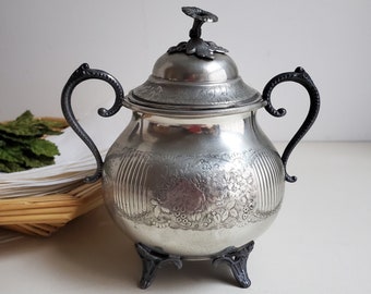 Lovely Antique Engraved Pewter SUGAR BOWL with LID and figural Art Nouveau morning glory finial, collectible pear shaped container {6" high}