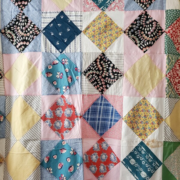 Sweet Vintage 1930s Quilt TOP in scrappy cotton feedsack prints, "Diamond in A Square" topper in pink green teal red yellow {62" x 76"}