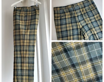 Authentic 1970s Loden Green & Gray WOOL Plaid GOLF SLACKS, flare tartan trousers, Saks Fifth Avenue {38" waist, 30" inseam}