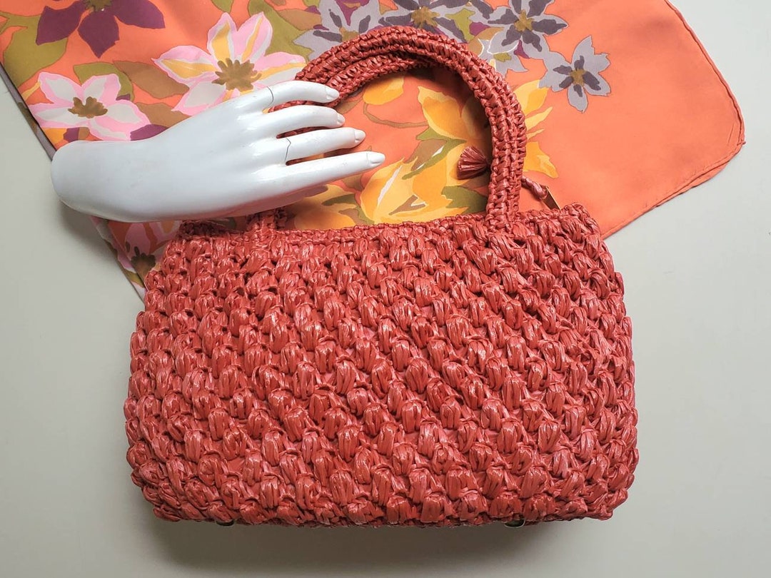 Vintage 60s CORAL Red Crochet Raffia Purse HANDBAG Made in Etsy