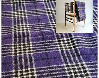 Vintage Indigo Plaid Camp Blanket Throw, 100% wool, navy, black and white heavy wool twill tweed, cutter condition issues {50" x 60"}