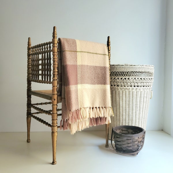Vintage 1950s Mocha PLAID WOOL THROW with cafe au lait, cream, olive green by The Three Weavers {52" x 74"}