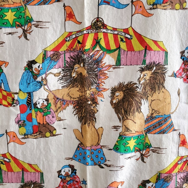 Vintage 1970s CIRCUS PRINT Cotton Fabric Curtain Panels with Lions and Clowns {41" wide x 39" long} only cutters remain