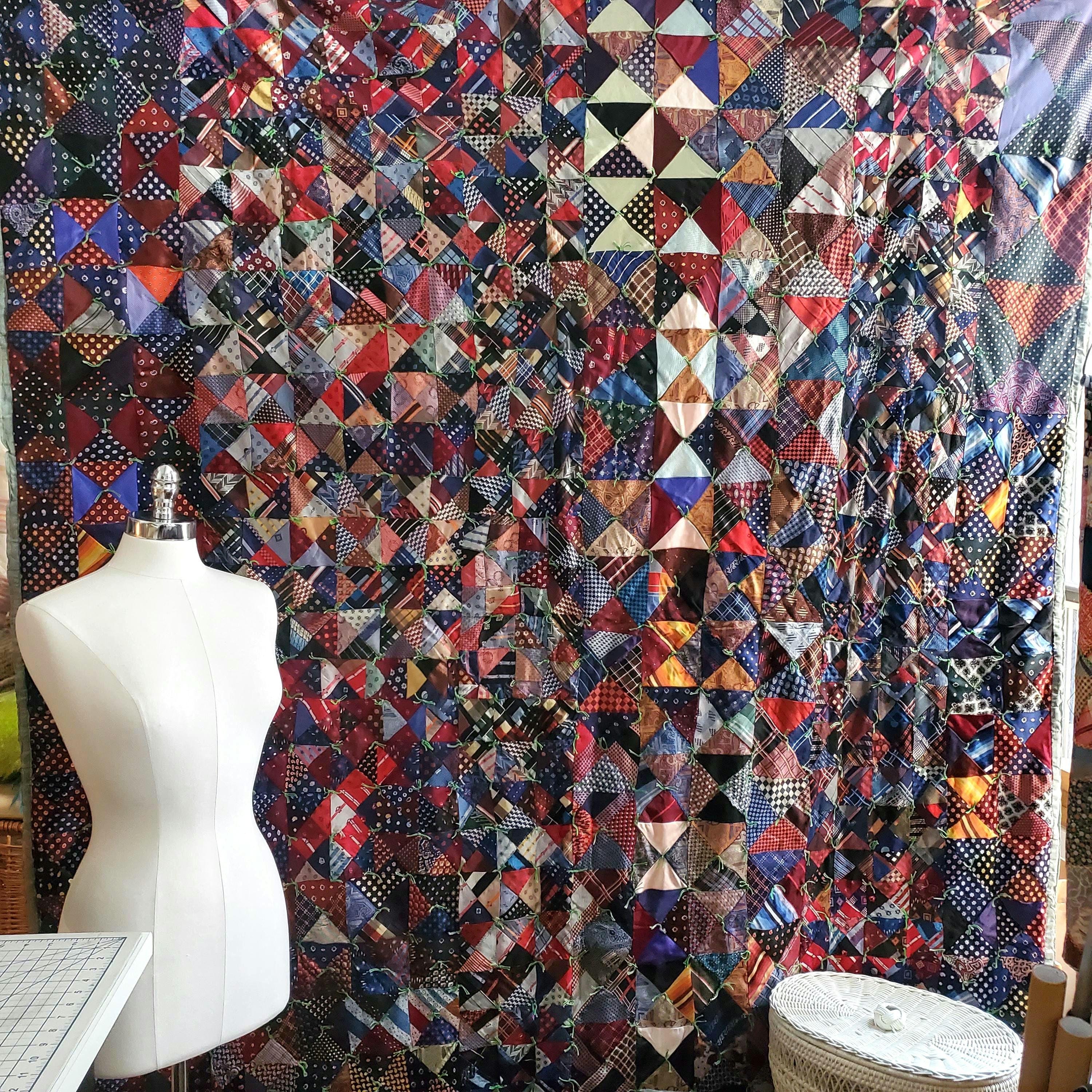 Vintage NECKTIE Crazy QUILT, 1940s-50s Rayon & Silk, Handmade and