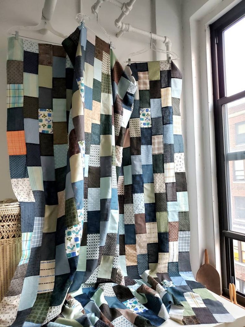 Fab Vintage 1940s Stair Step QUILT TOP, menswear prints plaids jacquards, blue brown, crispy cottons, handmade {78