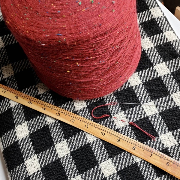 Large Vintage Cone of Deep Red WOOL Confetti Yarn, with green blue yellow flecks, yarn on cone, visible mending {2 lb 8oz spool}