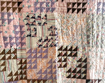 Delightful Antique PINK & BROWN Quilt, half square Flock of Geese variant, feedsack prints and workwear {66" x 80"}