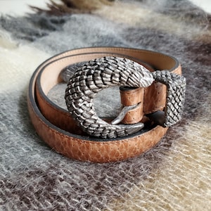 1994 Clara Studio for Asymmetry Belt, heavy chunky silver buckle and tan embossed leather, quality boho fashion {Size M, 29-32&quot; waist}