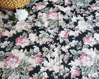 Vintage 1930s Black Cotton Rose Floral Toile PRINT Fabric Remnant, pink white blue green flowers {24"W x 26"L}