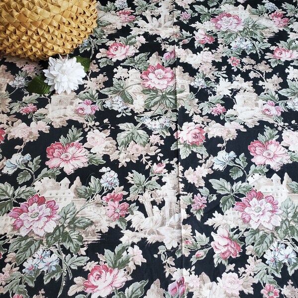 Vintage 1930s Black Cotton Rose Floral Toile PRINT Fabric Remnant, pink white blue green flowers {24"W x 26"L}