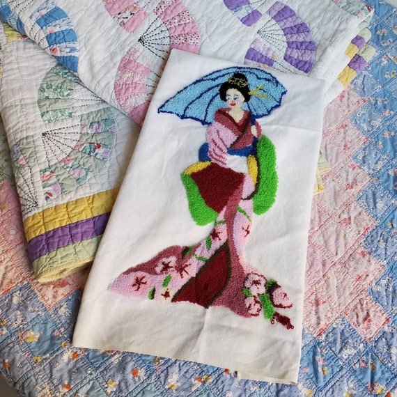 geisha Vintage 1970s Geisha Punch Needle Wool Panel: Tufted Textile Art