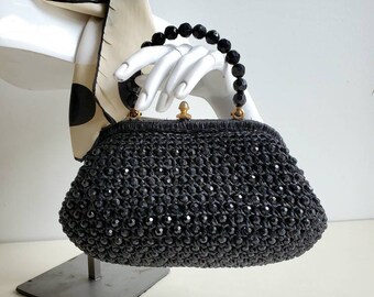 Vintage 1950s-60s BLACK Beaded Crochet Raffia EVENING PURSE, Made in Italy, sparkly petite wrist lady bag